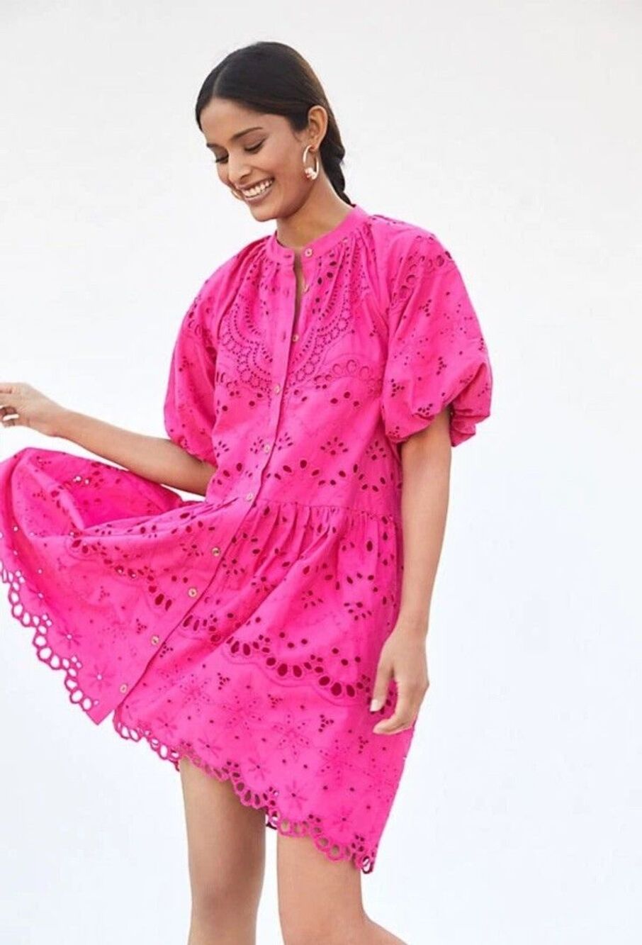 By Anthropologie Tallulah Pink Eyelet Puff Sleeve Dress Button Down Size M